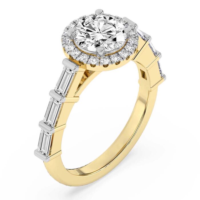 Yellow Gold Rachel Halo Side Stone Lab Diamond Ring - Image 4