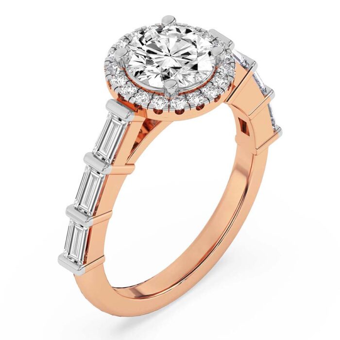Rose Gold Rachel Halo Side Stone Lab Diamond Ring - Image 4